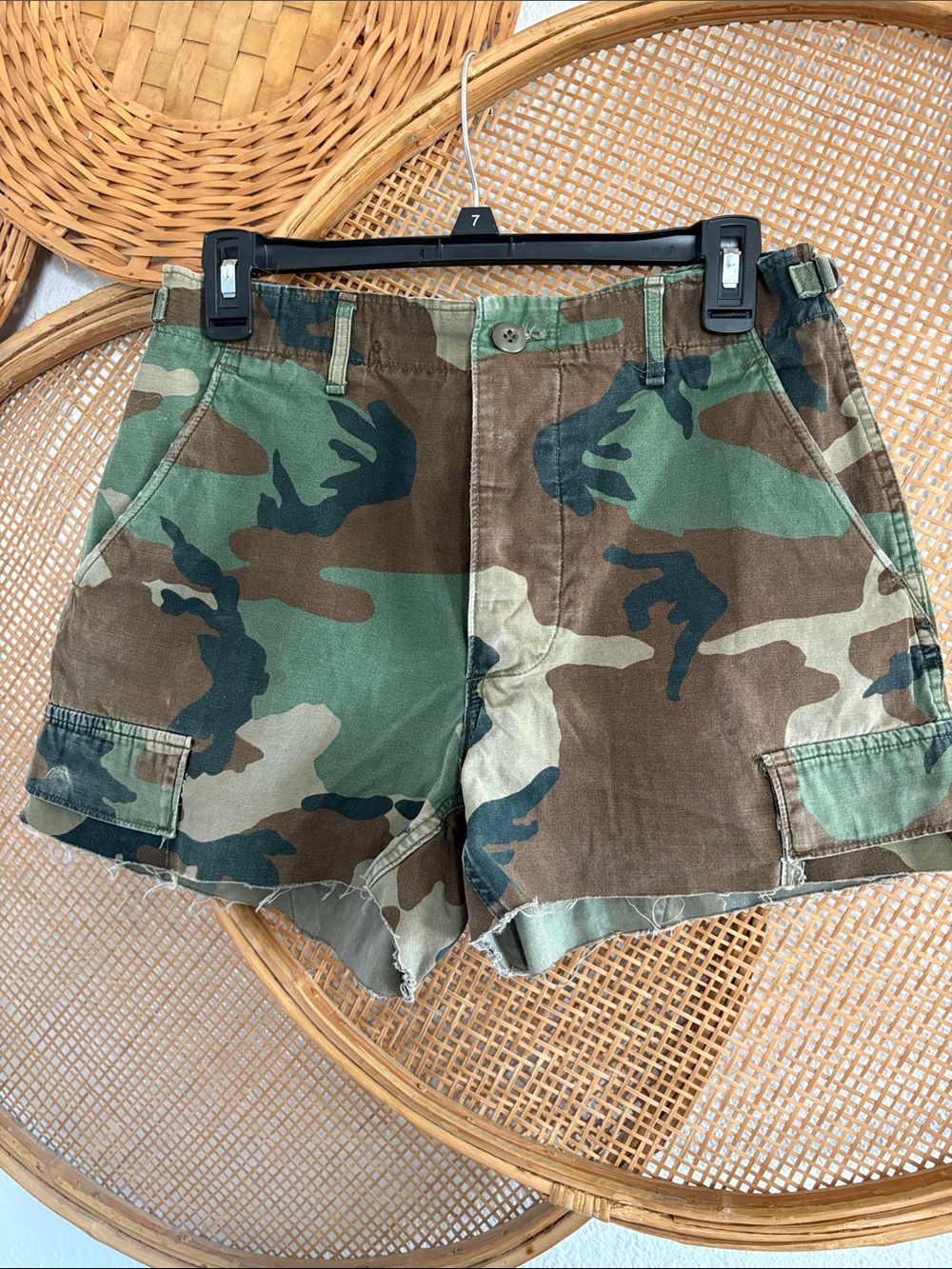 Urban Renewal Camo Cargo Cutoff Shorts - Green Brown Woodland Print